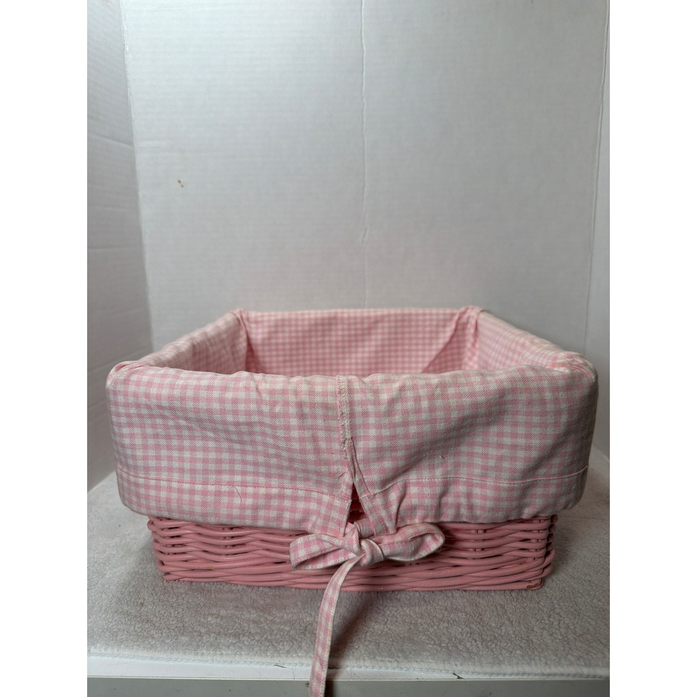 Pottery Barn Kids Wicker Storage Basket Pink Gingham Liner Nursery 11"x11"x6"